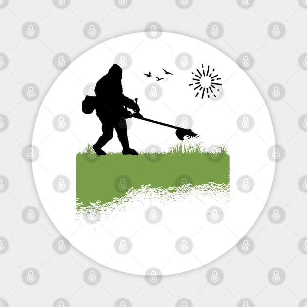 Bigfoot Mowing the Lawn Owner Grass Cutting Funny Sasquatch Magnet by Tesszero